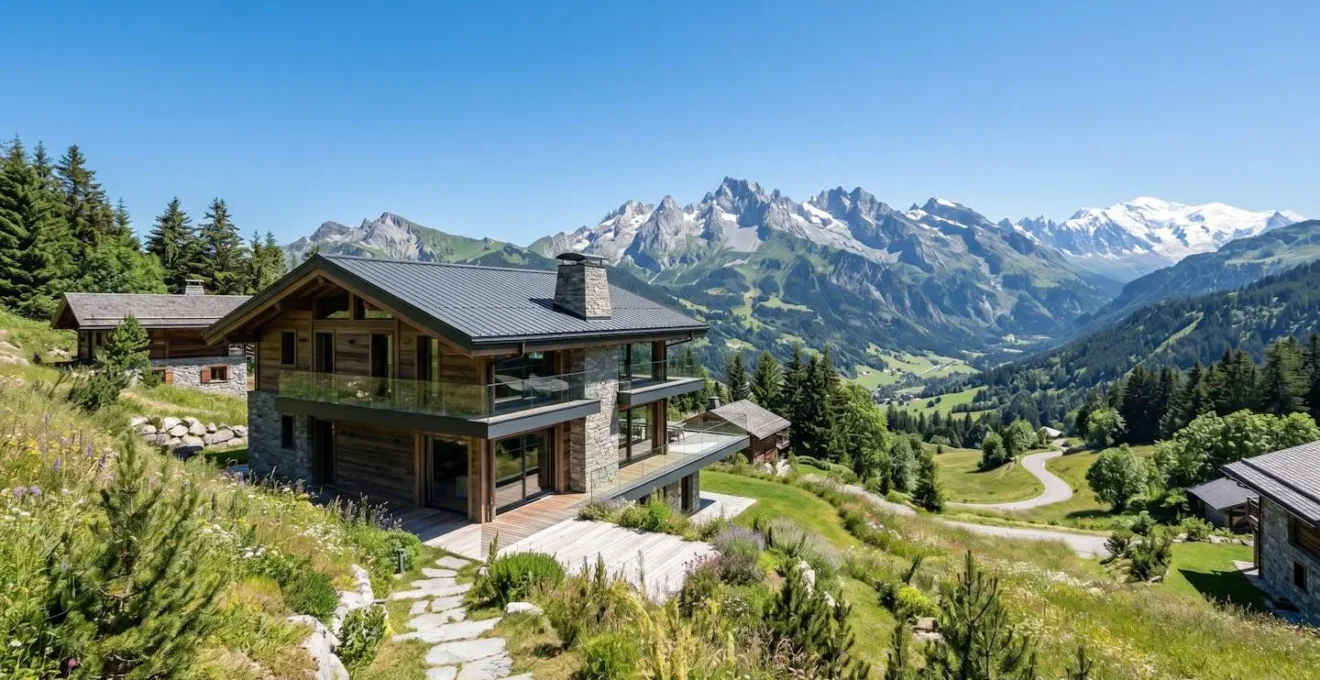 Vue extérieure en angle large d'un chalet de montagne contemporain en bois et pierre dans le massif des Aravis sous un ciel dégagé