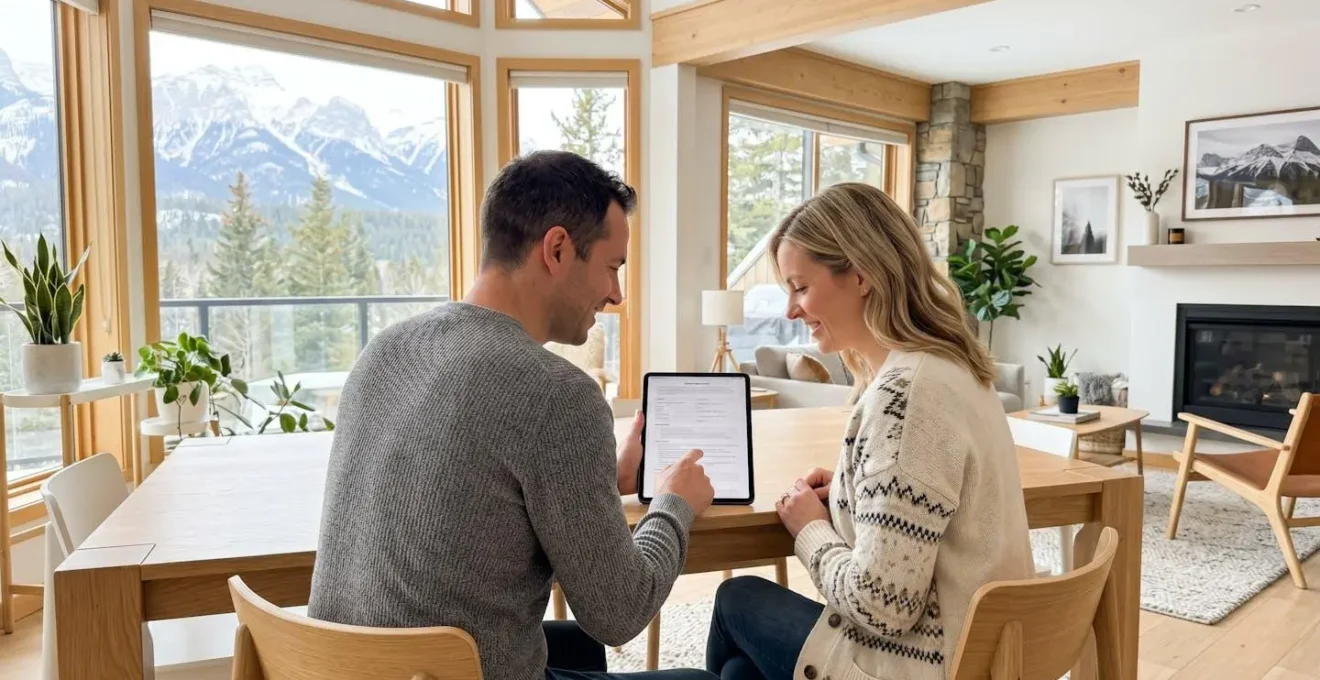 Un couple vu de dos consulte des documents de réservation sur une tablette dans un salon de montagne contemporain éclairé par de grandes baies vitrées