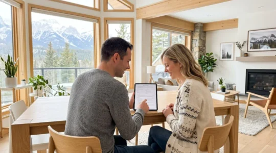Un couple vu de dos consulte des documents de réservation sur une tablette dans un salon de montagne contemporain éclairé par de grandes baies vitrées
