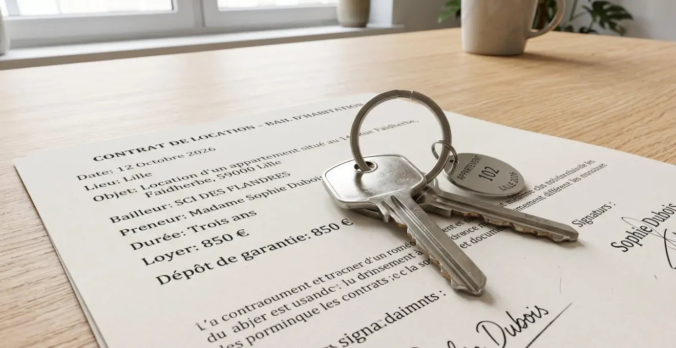 Gros plan sur un trousseau de clés moderne posé sur un document de contrat de location, avec un stylo, sur une surface en bois clair contemporaine