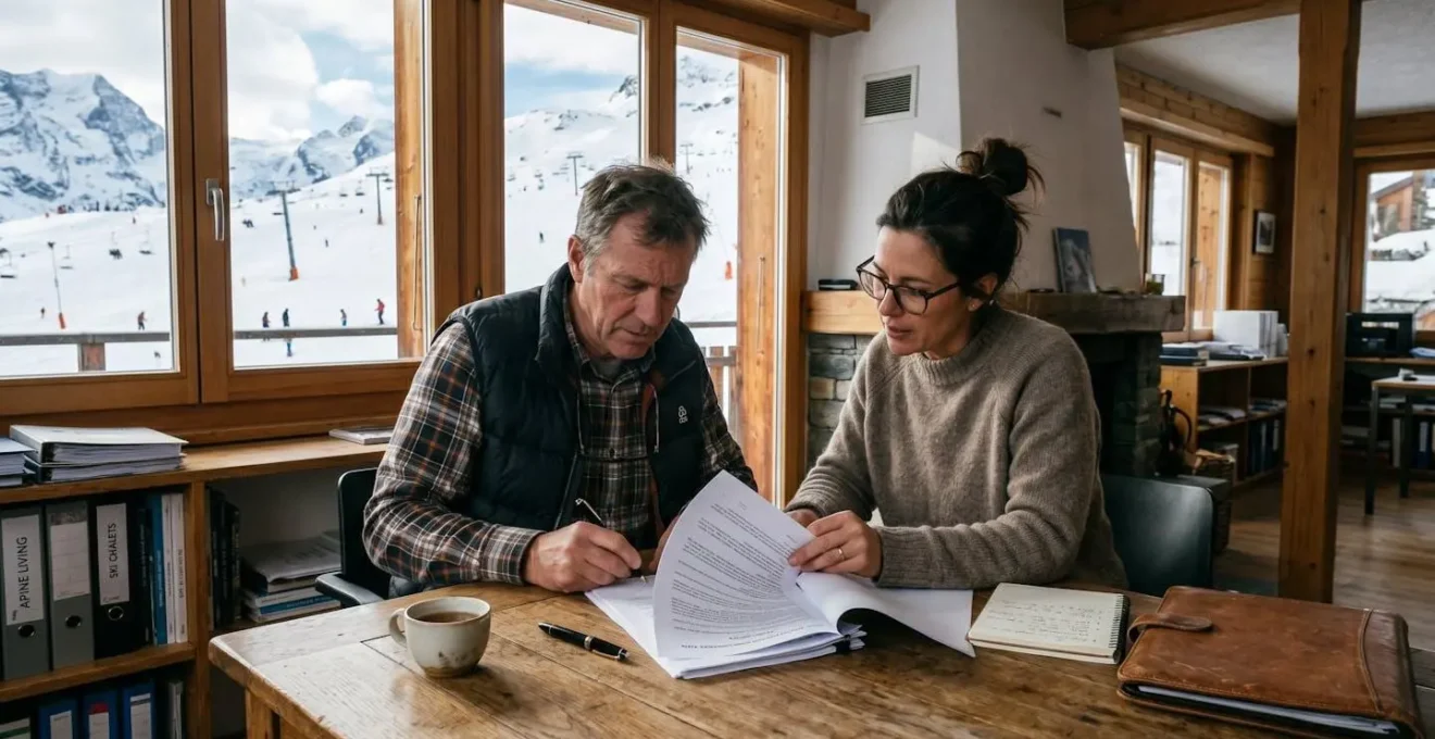 Agent immobilier et client signant des documents dans une agence de montagne, vue sur les pistes