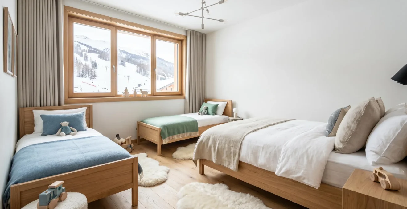Chambre familiale moderne dans un hébergement à Morzine avec vue sur les pistes.