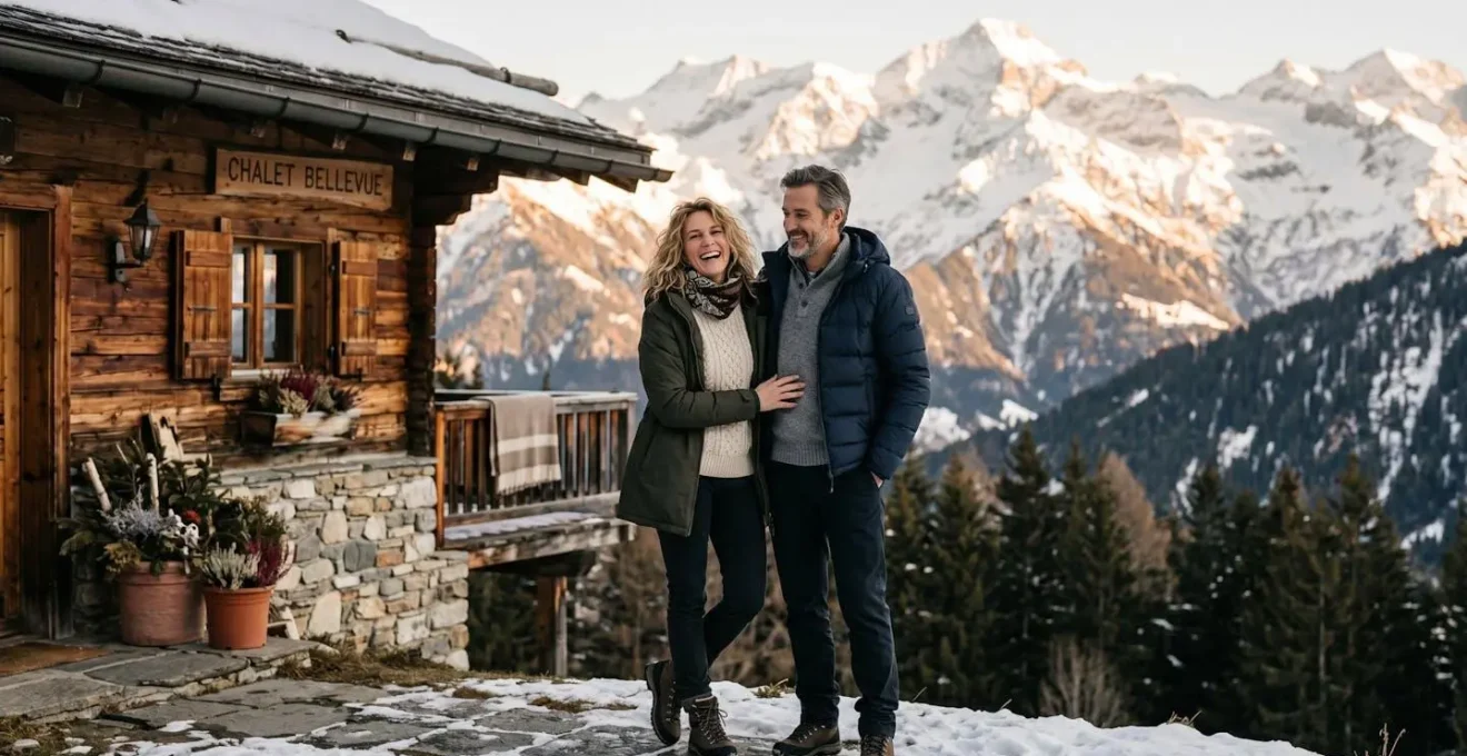 Couple observant un chalet en bois en montagne sous la neige, station de ski en arrière-plan