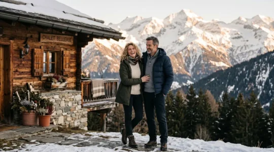 Couple observant un chalet en bois en montagne sous la neige, station de ski en arrière-plan