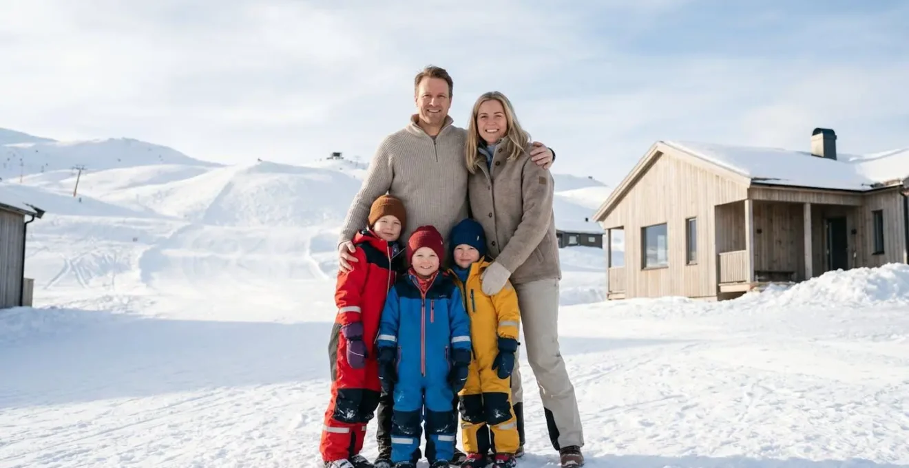 Une famille souriante profitant des pistes de ski de Morzine avec vue sur les Alpes enneigées.
