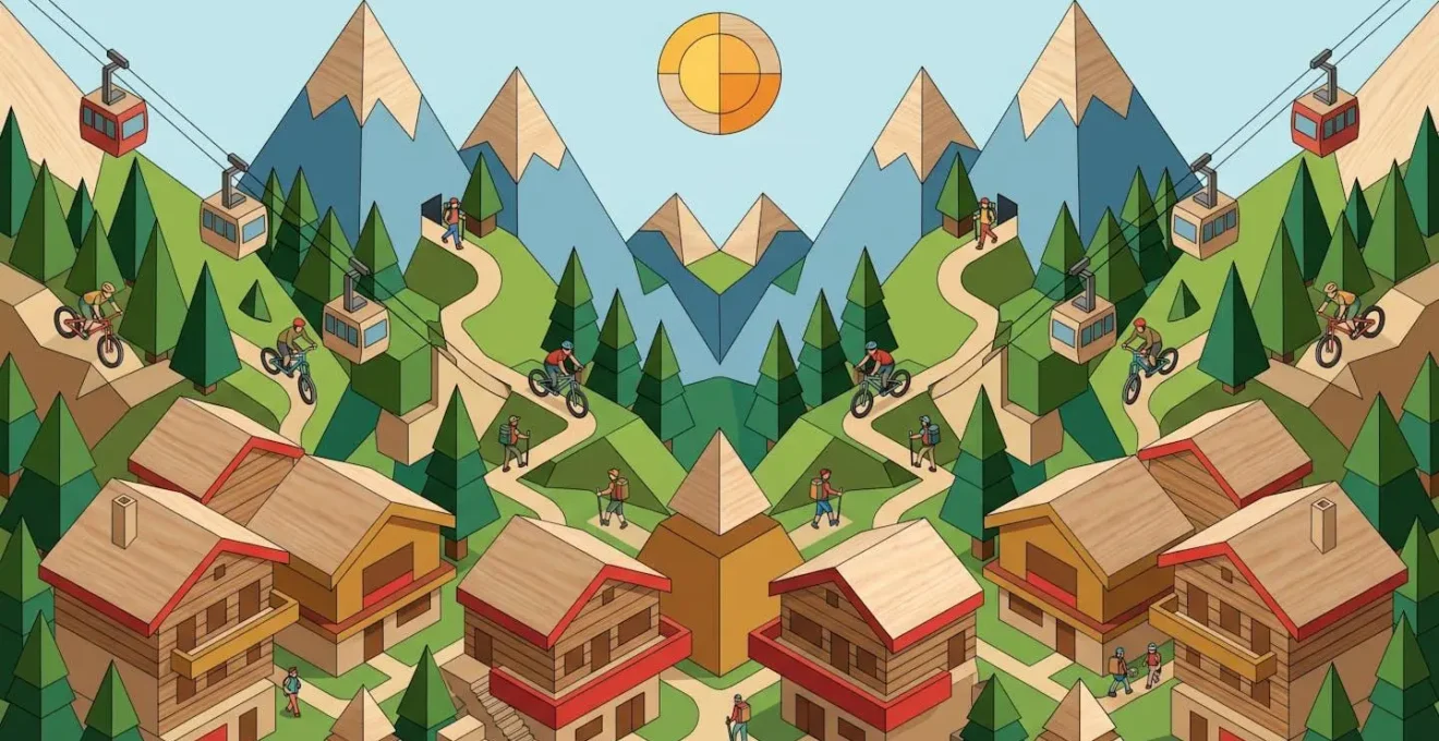 Illustration du village de Morzine avec ses chalets traditionnels et les montagnes alpines.