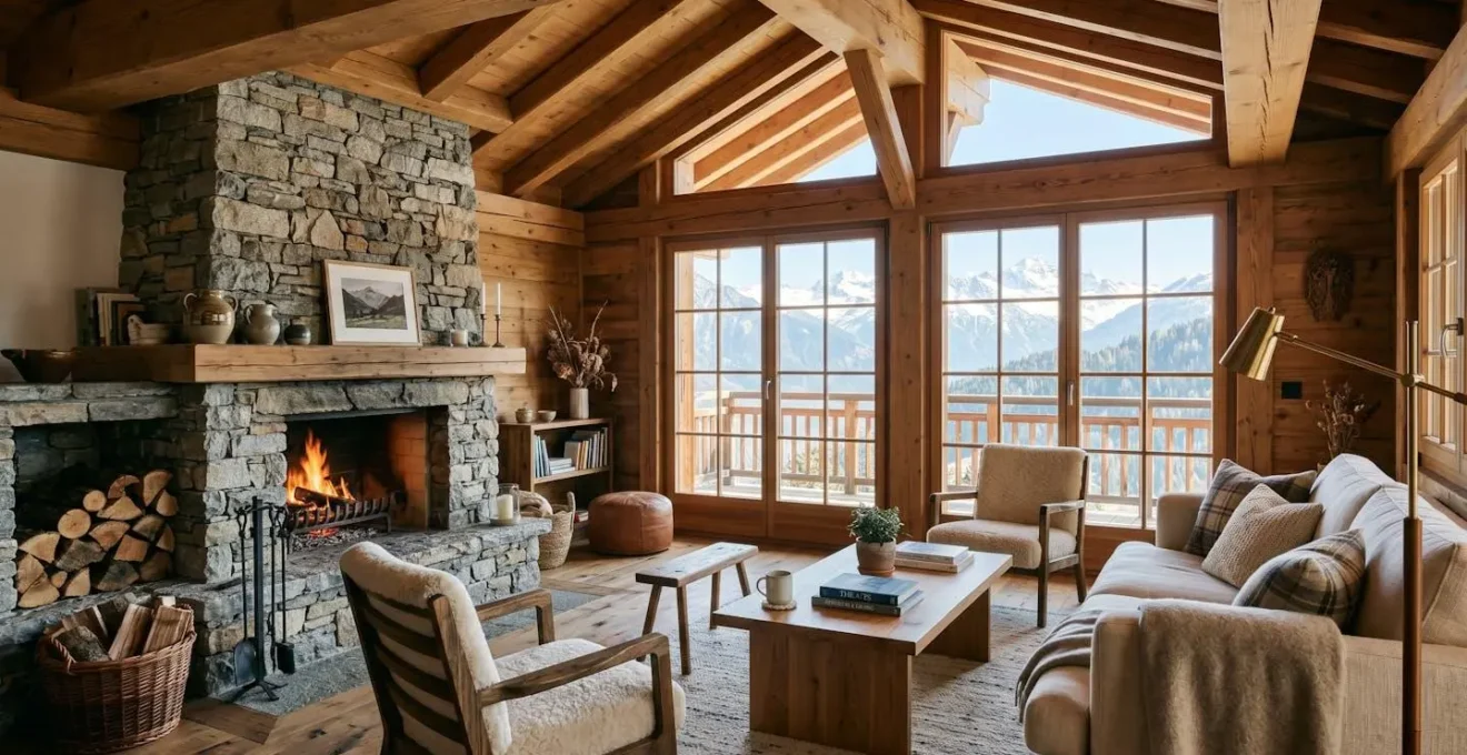 Intérieur lumineux d'un chalet de montagne avec poutres apparentes, grand salon en bois clair