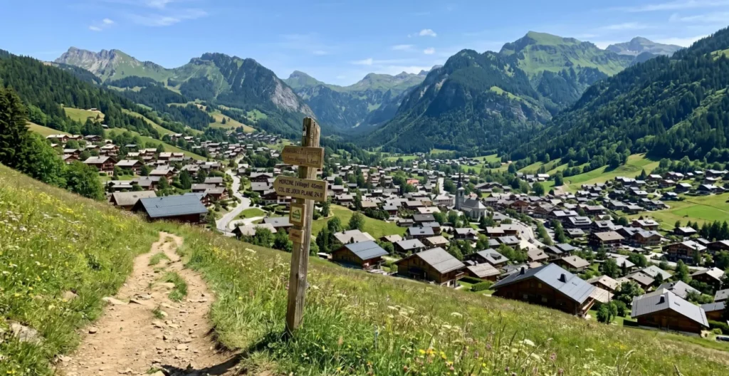 Illustration du village de Morzine avec ses chalets traditionnels et les montagnes alpines.